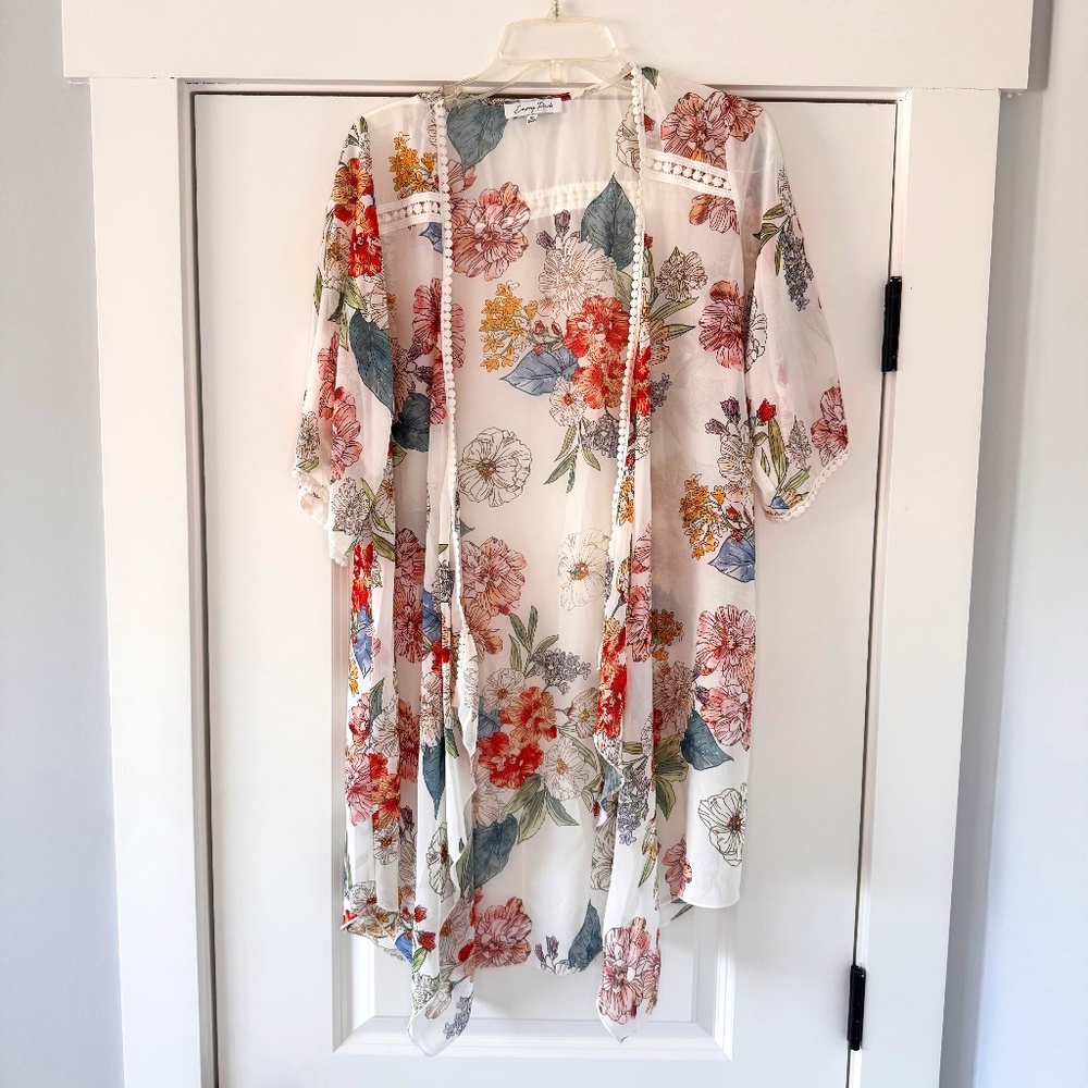 Emory Park Crochet Trim Open Kimono Cream Floral  *Size XS*